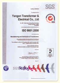 ISO 9001:2000 Certificate; Yangon Transformer and Electrical Co., Ltd.